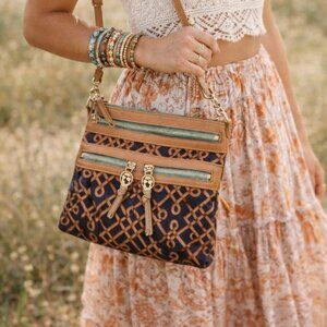 Spartina 449 Mareena Black Dark Gold Multi Pocket Cross Body Shoulder Bag